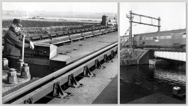 De spoorbrug in 1964. Links de dienstdoend spoorwegbeambte C. Griffioen.